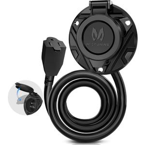MICTUNING 10A-15A AC Port Plug, 125V Power Inlet Socket with Integrated 20-Inch Extension Cord & Waterproof Auto Shut Cover, Cable Clips & Screws - Black