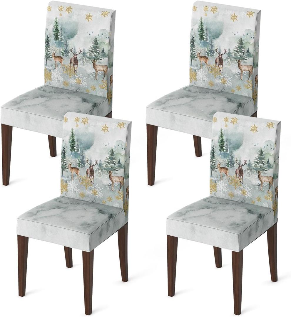 Horaldaily 4PCS Christmas Dining Chair Covers, Ink and Wash Deer Stretch Removable Washable Slipcover Chair Protector for Dining Room Home Decor