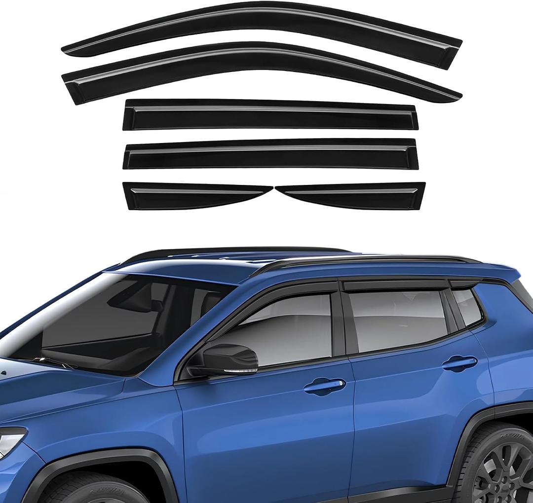 Rain Guards Fit for Jeep Compass 2017 2018 2019 2020 2021 2022 2023 2024 2025 2026, Tape-on Durable Side Window Sun Wind Deflectors 2017-2026 Compass Rain Guard Black 6 PCS