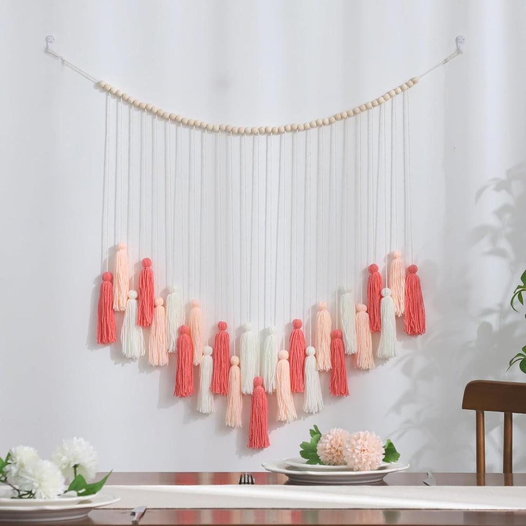 Boho Spring Easter Wall Decor Blush Pink Tassels Garland Macrame Wall Hanging with Wooden Beads for Nursery Girls Bedroom Birthday Gift Party Dorm Living Room Home Decor Aesthetic