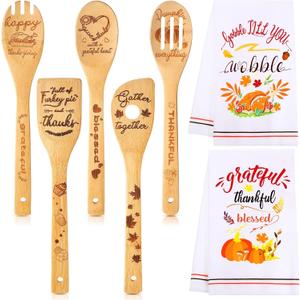 7 Pcs Thanksgiving Themed Gifts Set, Including 2 Friendsgiving Kitchen Towels Funny Dish Towel and 5 Wooden Spoons Rustic Bamboo Utensils Kitchen Decor for Housewarming Anniversary Bridal Shower
