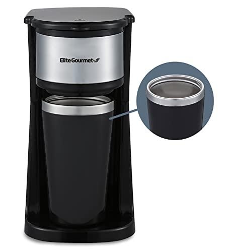 Elite Gourmet EHC-112B Personal Single-Serve Compact Coffee Maker Brewer Includes 14Oz. Thermal Travel Mug with Stainless Steel Interior, Compatible with Coffee Grounds, Reusable Filter, Black
