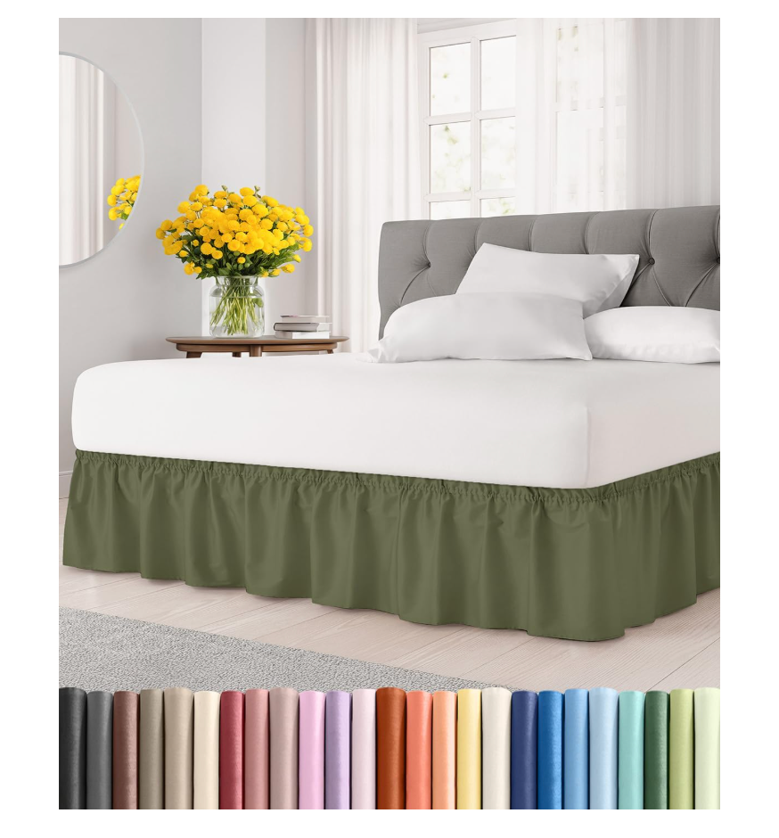Wrap Around Dust Ruffle Bed Skirt - Sage Green - for Queen Size Beds with 21 Inch Drop - Elastic Strap - Adjustable Pleated Bedskirt with Brushed Fabric and Wrinkle Free - For Women, Men, Kids & Teens