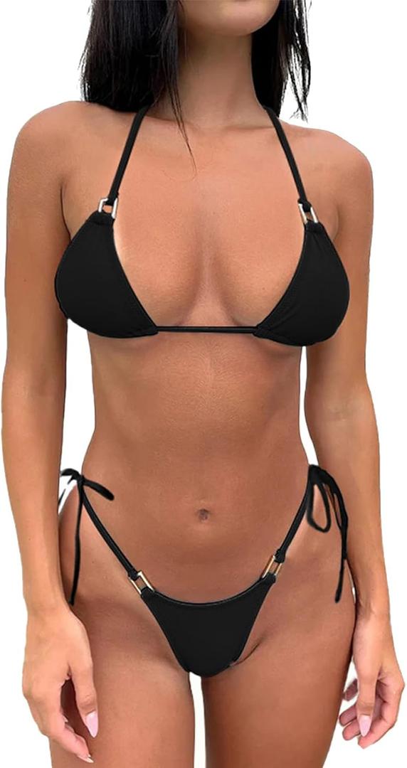 Thong Bikini Set for Women Halter String Bikini Cheeky Two Piece Swimsuit Adjustable Bathing Suit (Black, S)