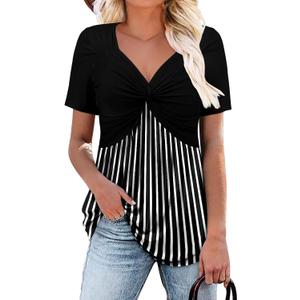 ONLYSHE Womens V Neck Shirts Short Sleeve Tops Front Knotted T Shirt Casual Solid&Floral Tunic Summer Henley Tees Blouse (Black, M)