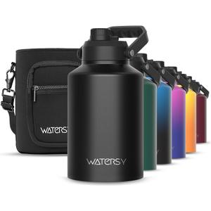 WATERSY 1 Gallon Water Bottle Insulated(Cold for 48 Hrs),BPA Free&Leak Proof,128oz Stainless Steel Water Jug with Handle for Gym, Hiking, Camping & Travel, Black Large Thermo