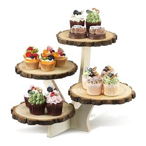 Chunful 4 Tier Round Natural Wood Cupcake Dessert Stand, Cup Cake Tower Stand Holder, Wooden Cake Display Tiered Centerpiece for Party, Birthday, Wedding, Baby Shower, Holiday Decoration