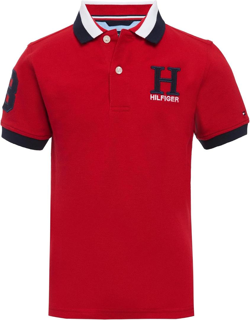 Tommy Hilfiger Boys' Short Sleeve Premium Pique Polo Shirt, Button Closure, Soft & Comfortable (16-18, Matt Tri-collar Regal Red)