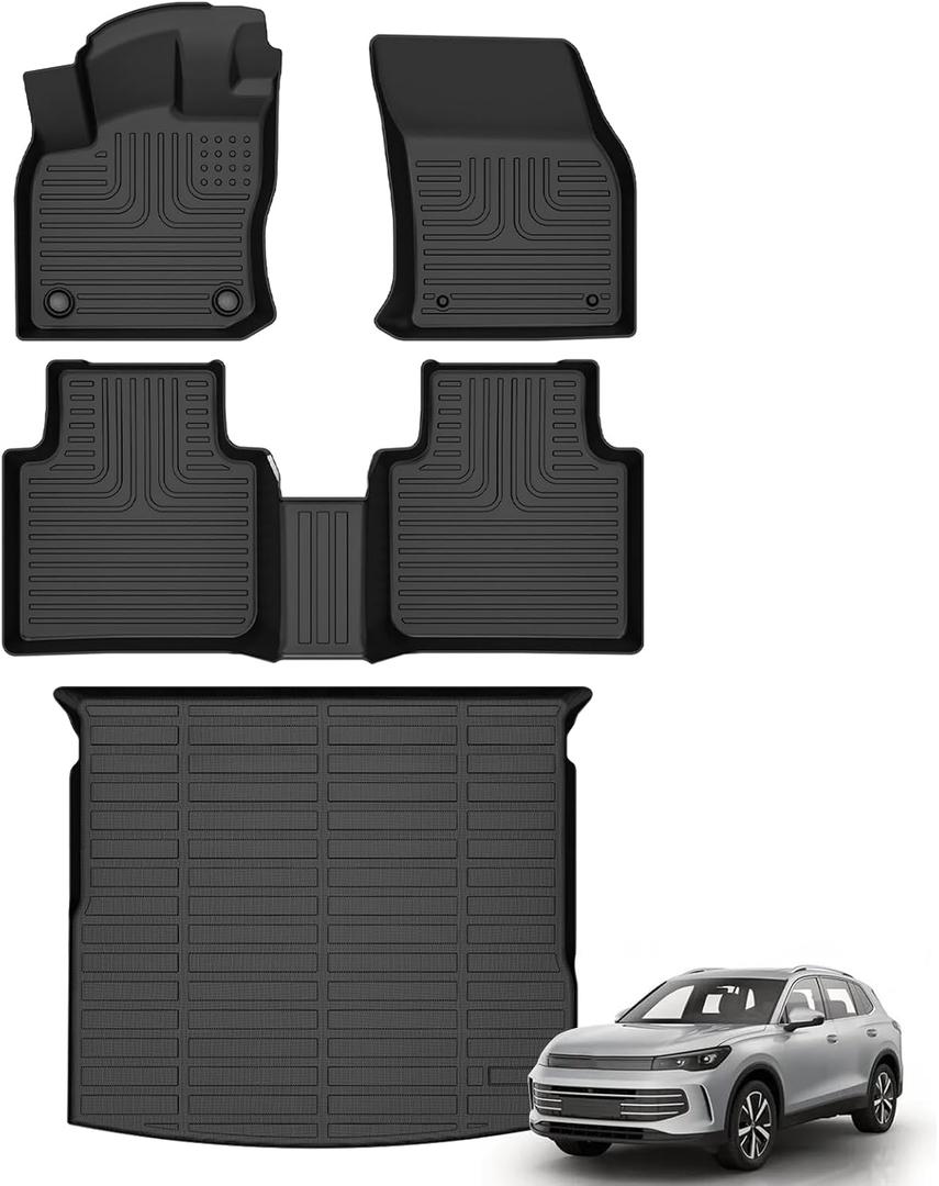 Floor Mats & Cargo Liner for Volkswagen Tiguan 2018-2024 (Only Fit for 5 Seats) All Weather Automotive TPE Liners Set Anti-Slip Waterproof Floor Liners Accessories (Car Mats+Trunk Mat) Black