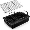 TeamFar Roasting Pan, 16 Nonstick Deep Lasagna Brownie Turkey Pan with V-Shaped Rack & Cooling Rack, with Stainless Steel Core & Nonstick Coating, Healthy & Sturdy Handles, Easy to Clean, Set of 3