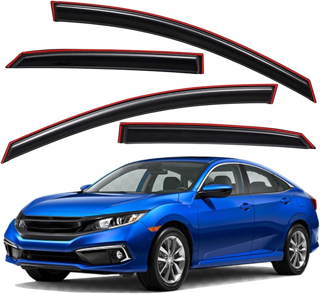 Lightronic Extra Durable Clip-on in-Channel Auto Vent Window Visor, Fits 2016-2021 Honda Civic Sedan, UV Protection Rain Guard, Original Wind Deflector, No-Drill Easy Install, Dark Smoke, 4-Pcs