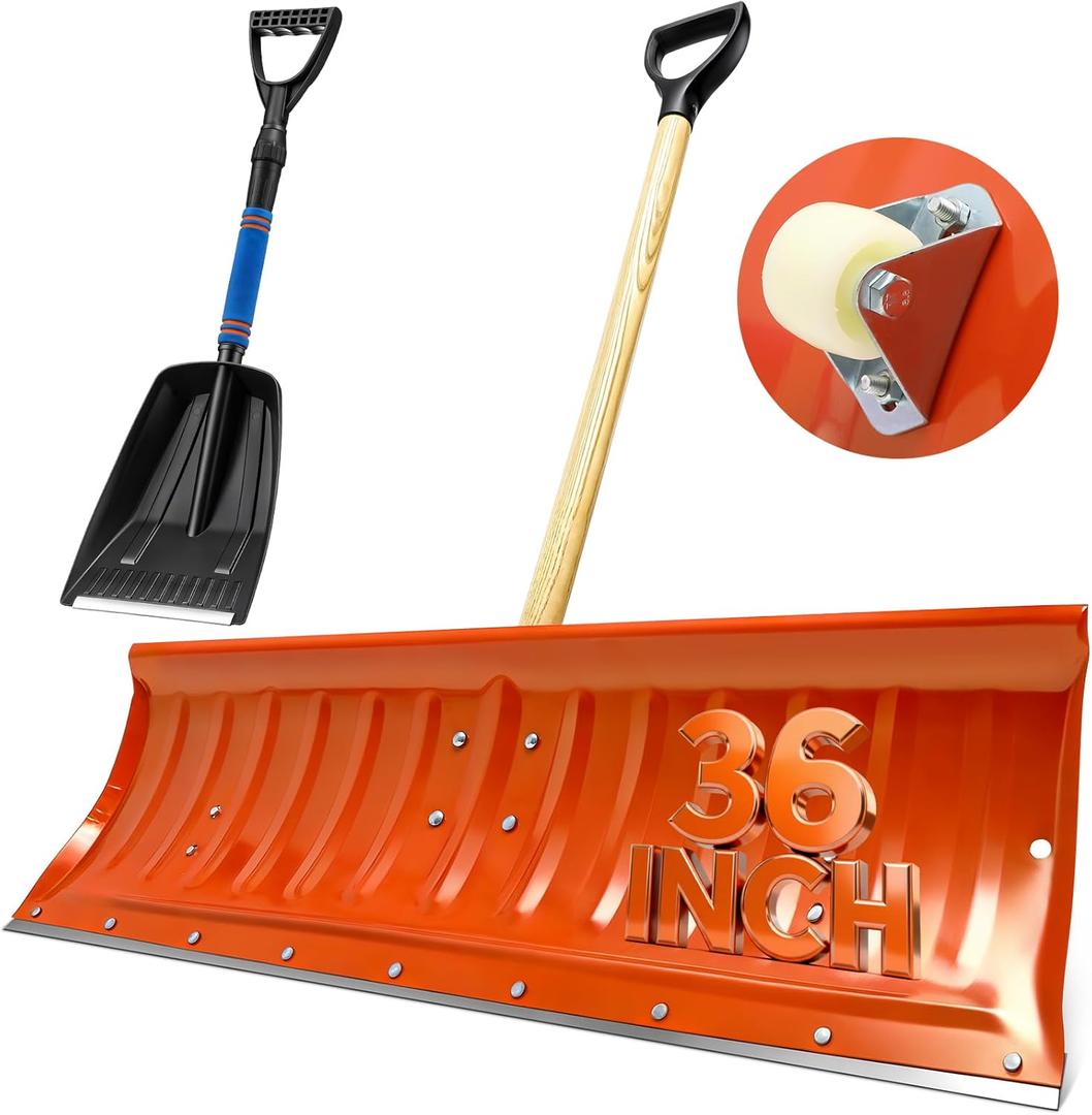 Therwen 2 Pcs Snow Pusher Include 1 36-inch Steel Snow Pusher with Scroll Wheel 1 Retractable Shovel Heavy Duty Folding Emergency Removal Tool for Car Driveways, Gardens, Sidewalk, Camping