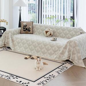 JPGGD Leaf Couch Blanket Cover,Chenille Sofa Covers Washable for Dogs,Couch Covers for Sofa, Soft Slipcovers for Couches and Sofas Pet Friendly or 2-3 Cushion Couch1pc, Beige White, 71"134"