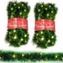 2 Pack Christmas Garland with Lights, Total 38 Feet 80 Led Battery Operated Pre-Lit Long Garland for Stairs Railing Fireplace Mantle Door Frame Decor Green Greenery Indoor Outdoor Office Decorations