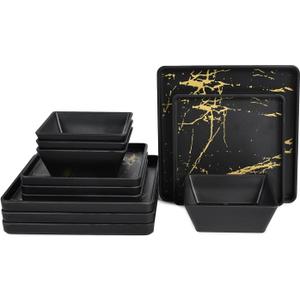 Melamine Dinnerware Sets - 12pcs Square Plates and Bowls Sets For 4, Indoor Outdoor Use, Dishwasher Safe, Black & Gold (BK&GD)