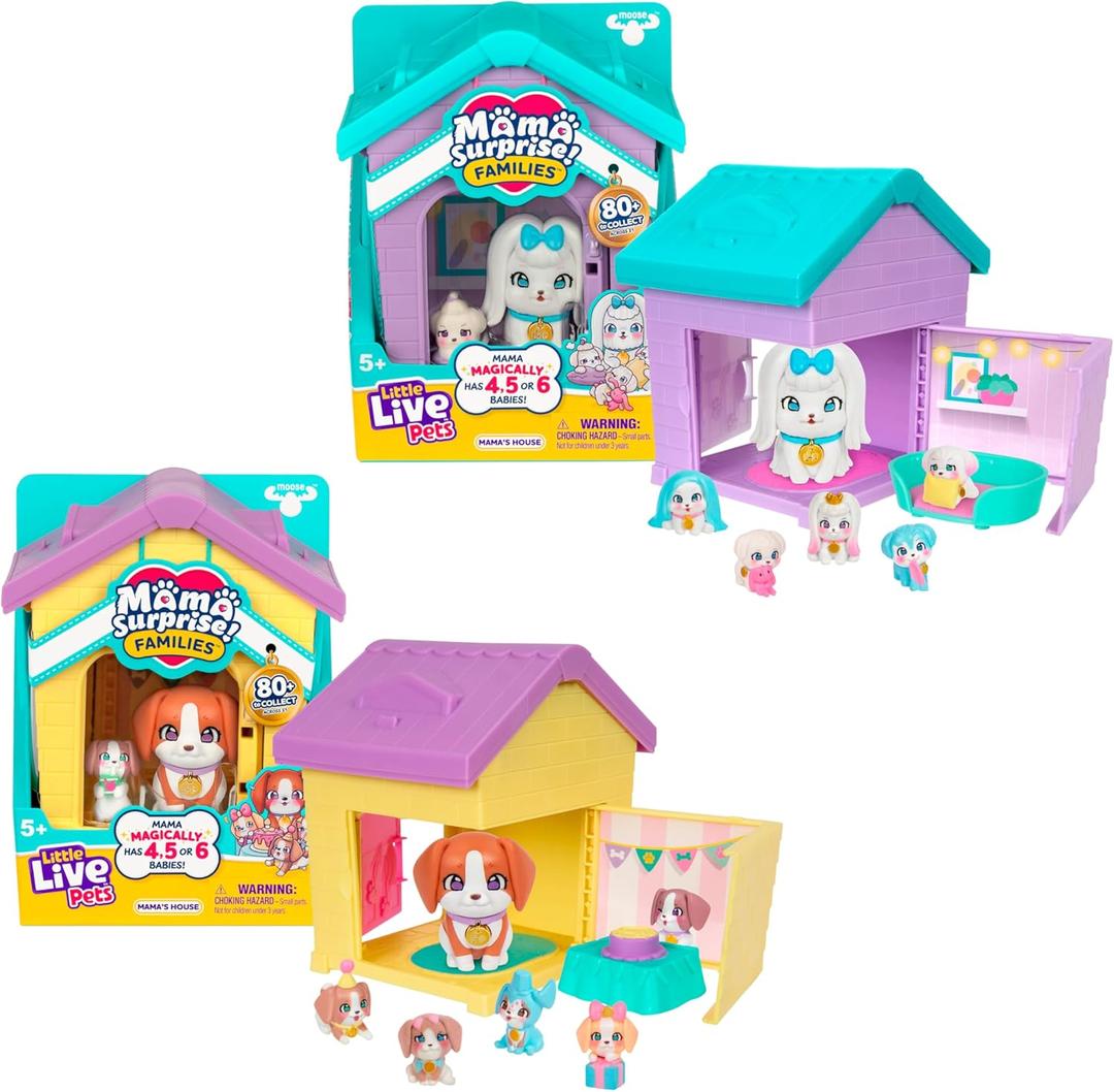 Little Live Pets Dog House Playset Bundle, Mama Surprise Families Beagle and Maltese Collection, Interactive Fold-Out Dog Playset Toy Gift for Kids 5+