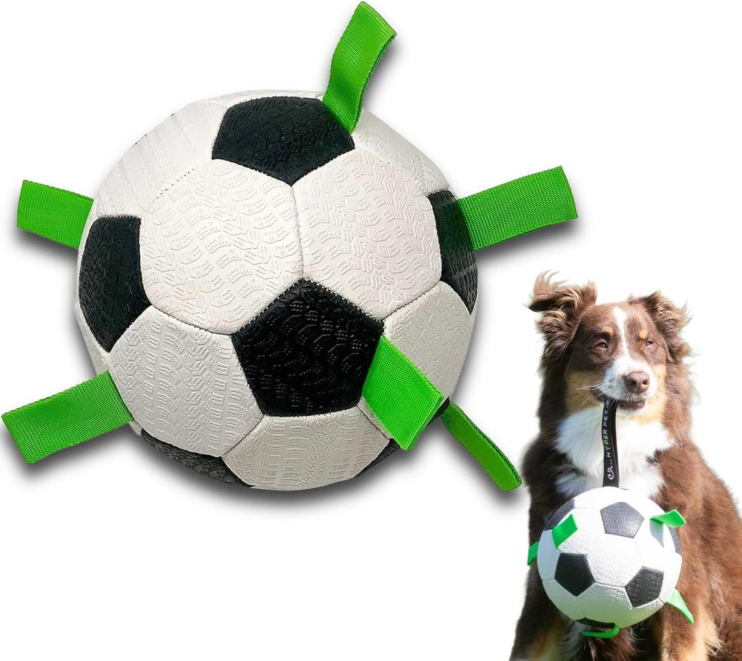 Hyper Pet Grab Tabs Dog Soccer Ball with Straps (7.5") Indoor or Outdoor; Interactive Durable Fetch Ball with Tug Toy for All Dog Breeds
