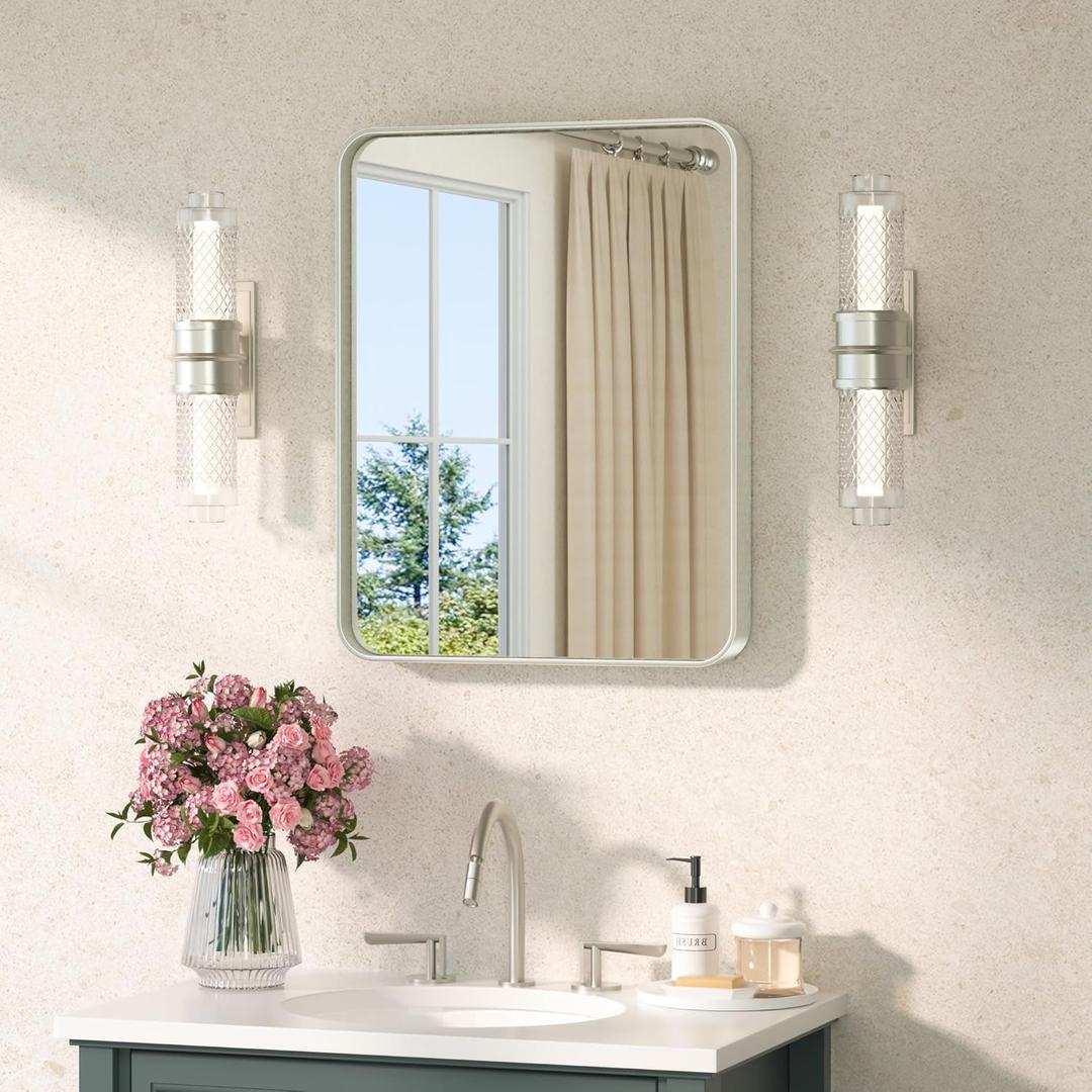 TETOTE Brushed Nickel Mirror 16 x 20 Brushed Nickel Metal Framed Bathroom Mirror, Tempered Glass, Modern Farmhouse Wall Mounted Mirror for Decorative(Horizontal/Vertical)