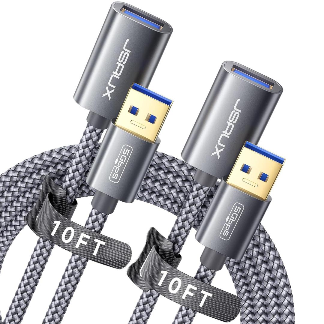 JSAUX 2Pack 10FT+10FT USB 3.0 Extension Cable, Type A Male to Female USB Extender Cord Nylon Braided Compatible with Webcam, Camera, Phone, USB hub, Mouse, Keyboard, Printer, Hard Drive, Xbox-Grey