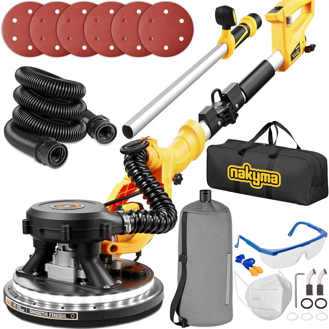 Drywall Sander, 950W 8.5A Electric Drywall Sander with Vacuum Dust Collector, 9 Variable Speed 800-2100RPM, Foldable & Extendable Handle,Wall Sander for Popcorn Ceiling, Pole Sander for Drywall (Yellow)