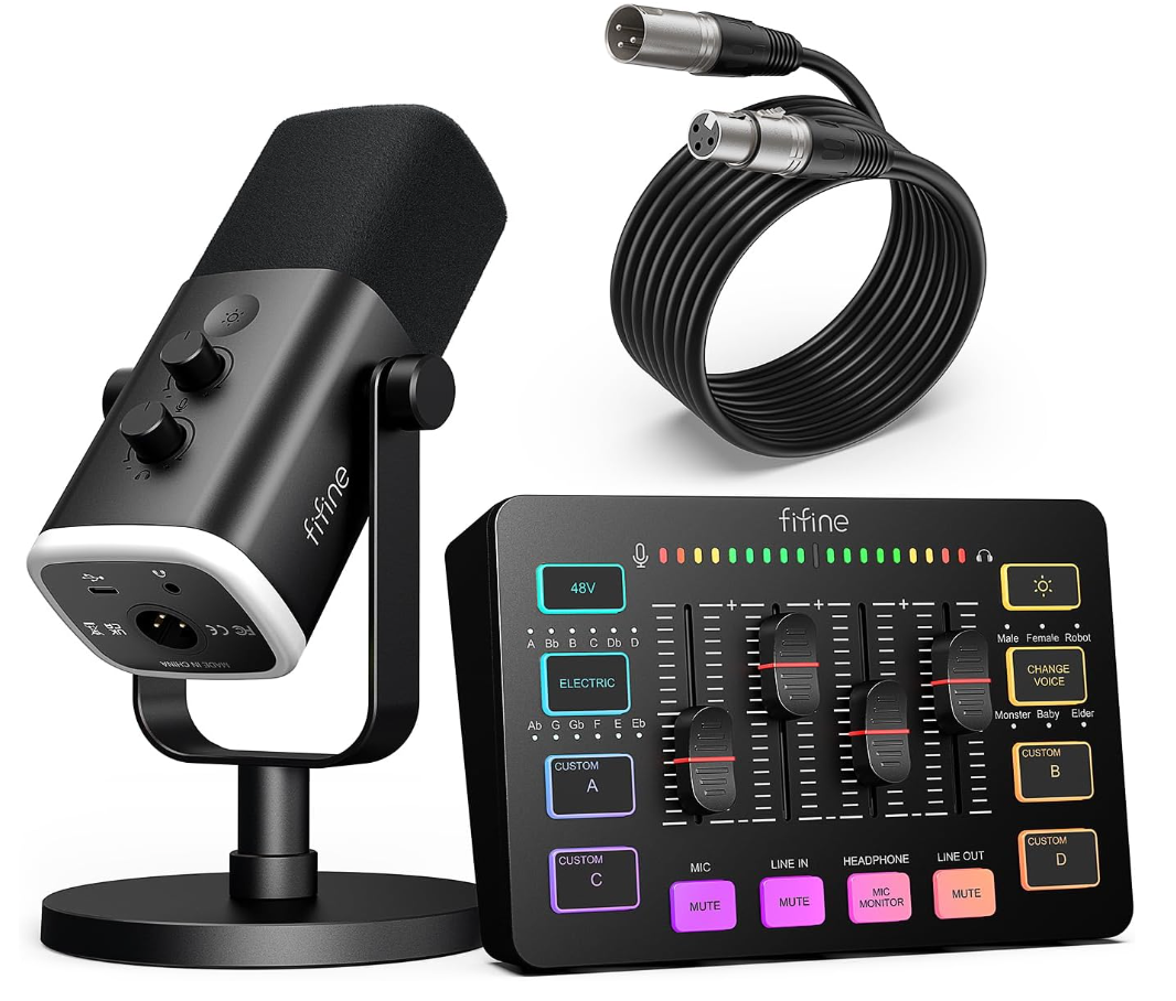 FIFINE Gaming Equipment Bundle, Dynamic XLR/USB Gaming Microphone Set with Streaming Audio Mixer for Podcast Recording Video Vocal, RGB Gamer Set with Volume Fader/XLR Interface for PCAmpliGame KS5