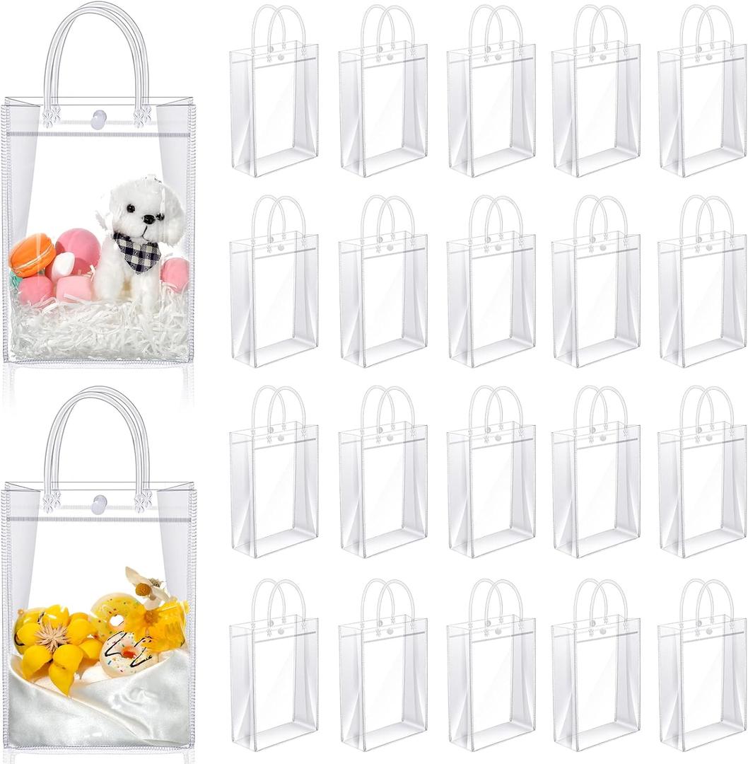 Saintrygo Clear PVC Gift Bags with Handles Reusable Plastic Wrap Tote Transparent Shopping Bags for Christmas Party Favors Weddings Merchandise Retail Small Business, 9 x 6.7 x 2.6 Inches(100 Pieces)
