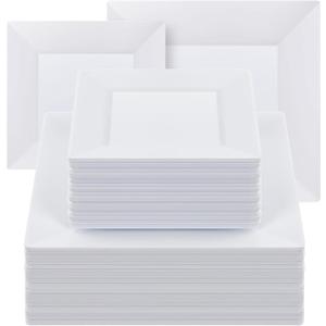 Goodluck 100 Pack Square Plastic Plates, Heavy Duty 50 Dinner Plates 9.5" and 50 Dessert Plates 6.5", Fancy Disposable Plates for Wedding, Holiday Party, Birthday, White, 100PCS