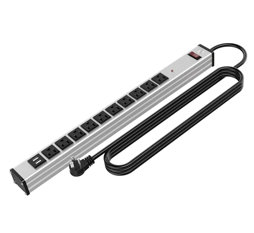 Oviitech10 Outlets Aluminum Power Strip Metal Socket Heavy Duty with 6 Ft Extension Cord, Workshop, Industrial, 15A, 125V, 1875W. Silver and Black