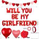 Red Will You Be My Girlfriend Balloons, Confession Balloons Decor 18" Letter Balloons 1000pcs Red Artificial Rose Petals 20Pcs Heart Balloons 33ft Red Ribbon Heart Pull Flag for Valentines Day