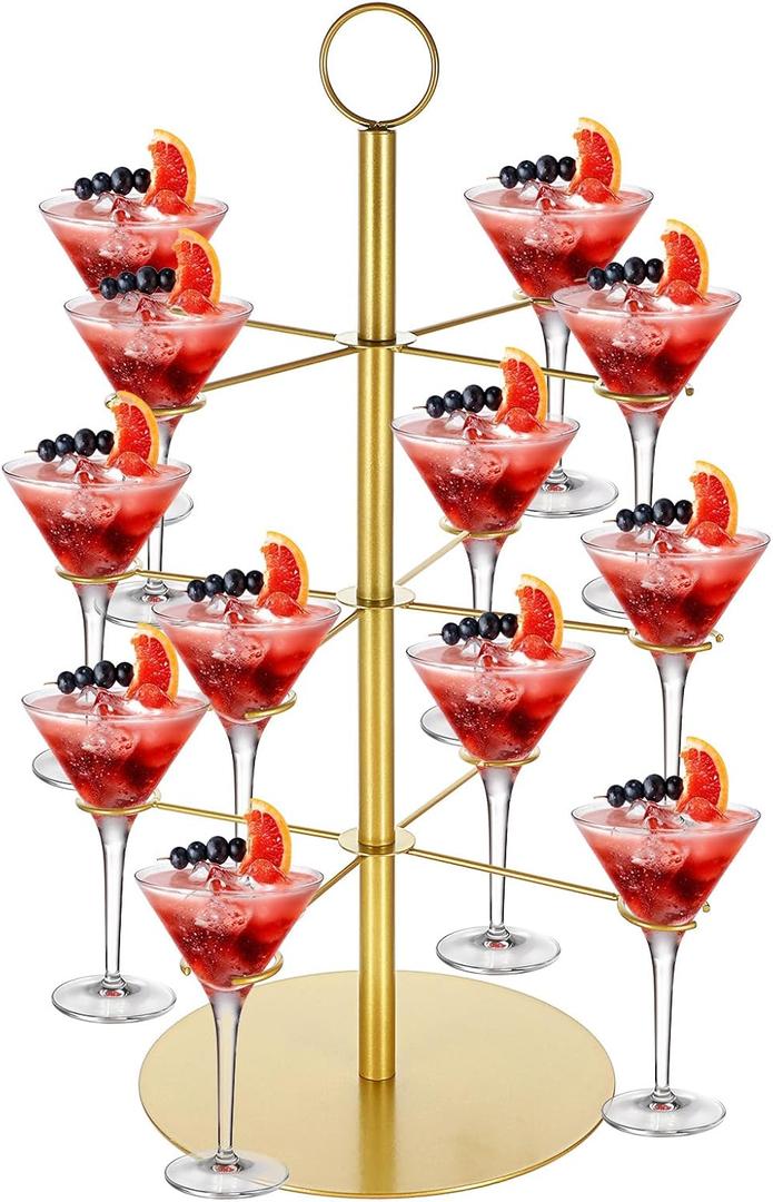 Cocktail Tree Stand, Metal Drink Tower, 3 Tier - 12 Holders For Champagne, Martini, Margarita Cups - Gold, Large