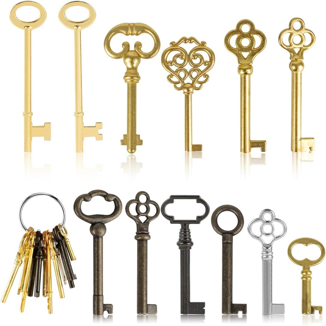 12-Pack Skeleton Keys Set, Universal Hollow and Solid Brass Skeleton Key for Old Style Furniture Door, Antique Dresser, Vintage Clocks, Chinese Cabinets Locks, Decoration for Antique Furniture
