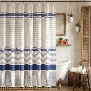 Boho Farmhouse Shower Curtain with 12 Clear Rings, Rustic Fabric Faux Linen Shower Curtain Set with Tassels, Beige & Navy Blue Striped Shower Curtain for Bathroom 72" W x 72" L