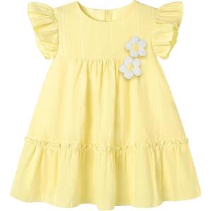 YALLET Toddler Baby Girl Dress Ruffle Sleeveless 3D Floral Adorning Kids Floral Dress for Playdate Birthday Photoshoot (6-12 Months, Yellow)