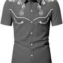 BEAUDRM Men's Retro Print Western Shirt Button Down Collared Short Sleeve Cowboy Tops Dark Grey Medium