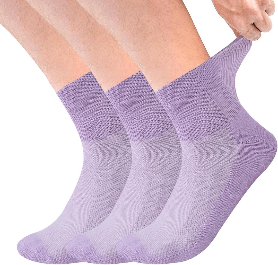 3 Pairs Diabetic Socks for Women & Men Plus Size - Non-Binding Ankle Socks with Dotted Grips, Easy Stretch Non-Slip Comfort Socks, Purple (M)