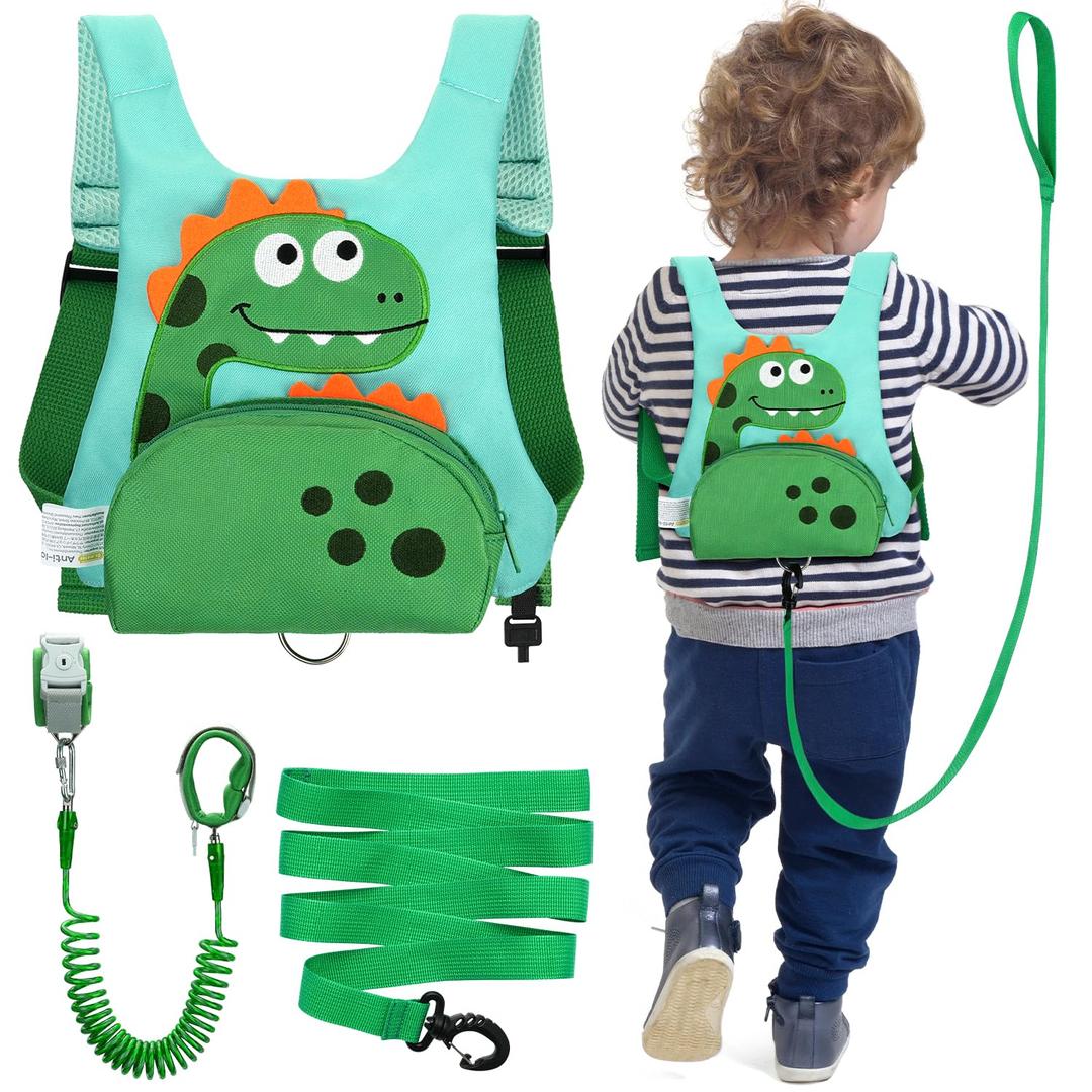 Dr.meter 3 in 1 Toddler Harness Leash + 8.2ft Anti Lost Wrist Link, Cute Dinosaur Kids Safety Harness Tether with Key Lock, Child Protective Leashes While Walking for Outdoor Activity Keep Kids Close (Green)