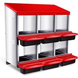 Chicken Nesting Box, 6 Compartments Metal Chicken Laying Box with Roll Away Egg Collection and Perch, Rust Proofed Wall Mount Poultry Nesting for Hens Red