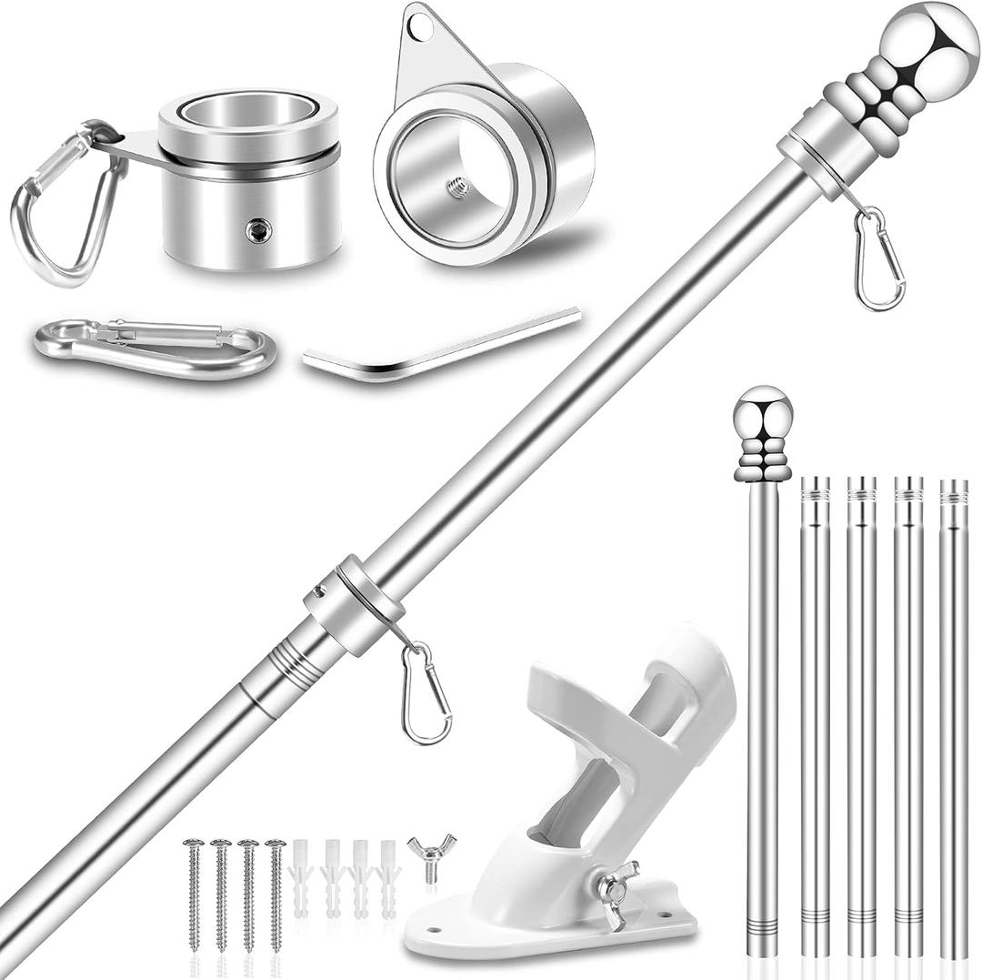 6 FT Metal Flag Pole Kit for Outside House w/ 2-Position Holder Bracket & 360 Rotating Flagpole Rings, 1" Stainless Steel Spinning Outdoor Porch Wall Mounted Flag Poles for 3x5 4x6 Flag(6 FT, Silver)