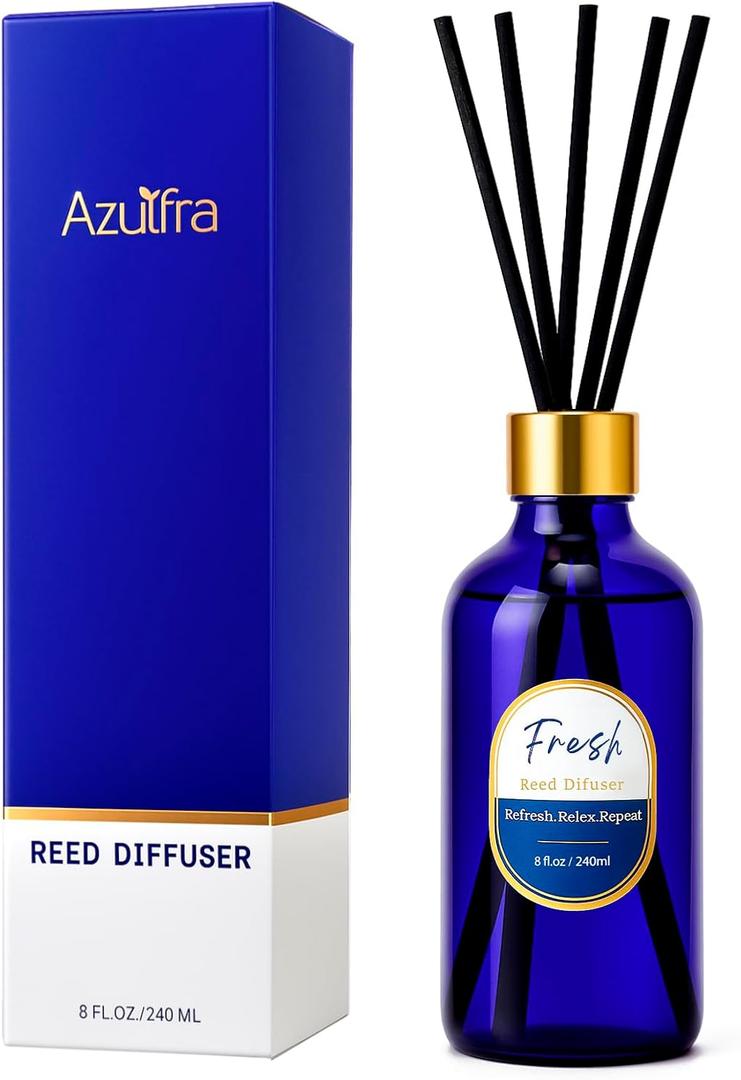 Reed Diffusers Set, 8 Oz Fresh Scented Diffuser, 6 Reed Diffuser Sticks, Home Fragrance Aromatherapy Oil Diffuser Reeds, Blue Bathroom & Office Decor 240 ml