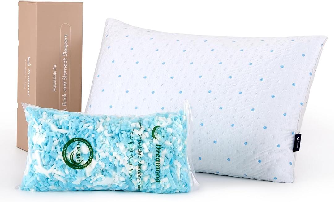 Cooling Pillows Queen Size  with Extra Stuffing 100% Shredded Memory Foam Pillows with Washable Cover for Side Back Stomach Sleeper Hypoallergenic (Blue) 1 Pack
