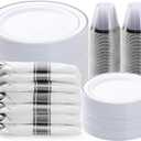 BESTVIP 350PCS Silver Plastic Dinnerware Set, Disposable Party Plates for 50 Guests, Include: 100 Plastic Plates, 50 Pre Rolled Napkins with Silver Silverware, 50 Cups