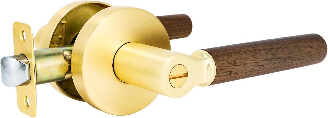Walnut Wood Privacy Door Lever Gold Reversible Keyless Locksets Door Handles for Interior Bedrooms&Bathrooms Room Door Lock Zinc Alloy Base (1 Pack, Stain Brass, Privacy)