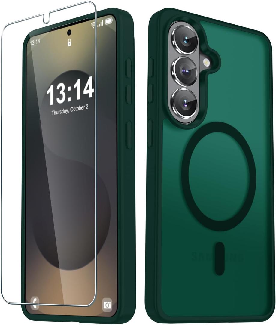 2 x YENAPOON for Samsung Galaxy S26+ Plus Case, Matte Magnetic Phone Cover [with 1 Screen Protector] [Support for MagSafe] [Shockproof Military Grade Protection] Translucent Frosted Back, Dark Green