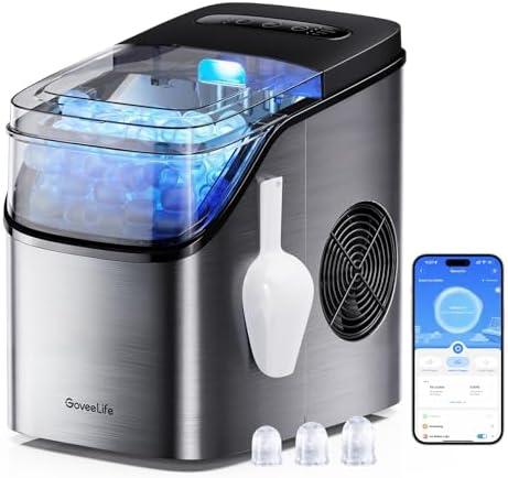 GoveeLife Smart Ice Maker Countertop, Portable Ice Machine with Voice Control, 9 Ice Cubes in 6 Minutes 3 Sizes, 26lbs/24Hrs, Self Cleaning RGB Lights, Quiet Ice Maker with Scoop for Kitchen Silver