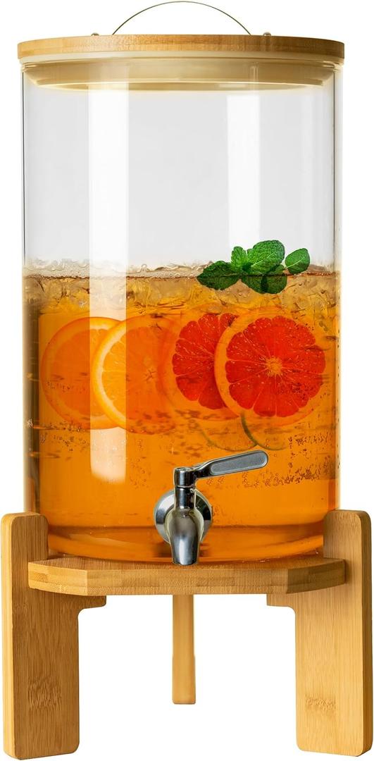 L'PICA Glass Drink Dispenser Wood Stand, Cold Glass Beverage Dispenser for Party, Large Lemonade Dispenser Jar Spigot, 1/2 Gallons Glass Water Dispenser for Picnic/Bar/Restaurants/Store (8L)