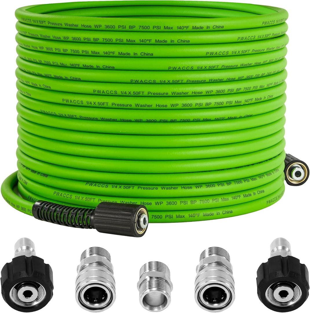 PWACCS Pressure Washer Hose 50 FT x 1/4", Power Washer Hose Kink Resistant, Universal High-Pressure Washing Extension Hoses Replacement, Compatible with M22 Stainless Steel Fittings, 3600 PSI, Green (50 FT/Upgraded Fittings)