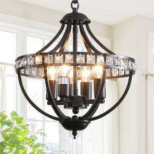 Farmhouse Crystal Ceiling Hanging Chandelier,16inch Black Rustic Vintage Pendant Light Fixture for Living Room Bedroom Dining Room Dining Foyer Kitchen Entry 5-Light
