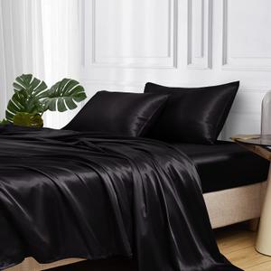 MR&HM Satin Bed Sheets, Twin XL Size Sheets Set, 3 Pcs Silky Bedding Set with 15 Inches Deep Pocket for Mattress(Twin XL, Black) (01- Black)