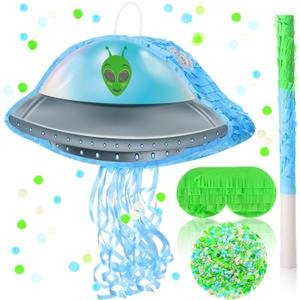 Janlaugh Alien Pinata with Bat Stick Blindfold and Confetti, Spacecraft Piata Party Decoration Spaceship Themed Halloween Birthday Party Favor Supplies (Alien)