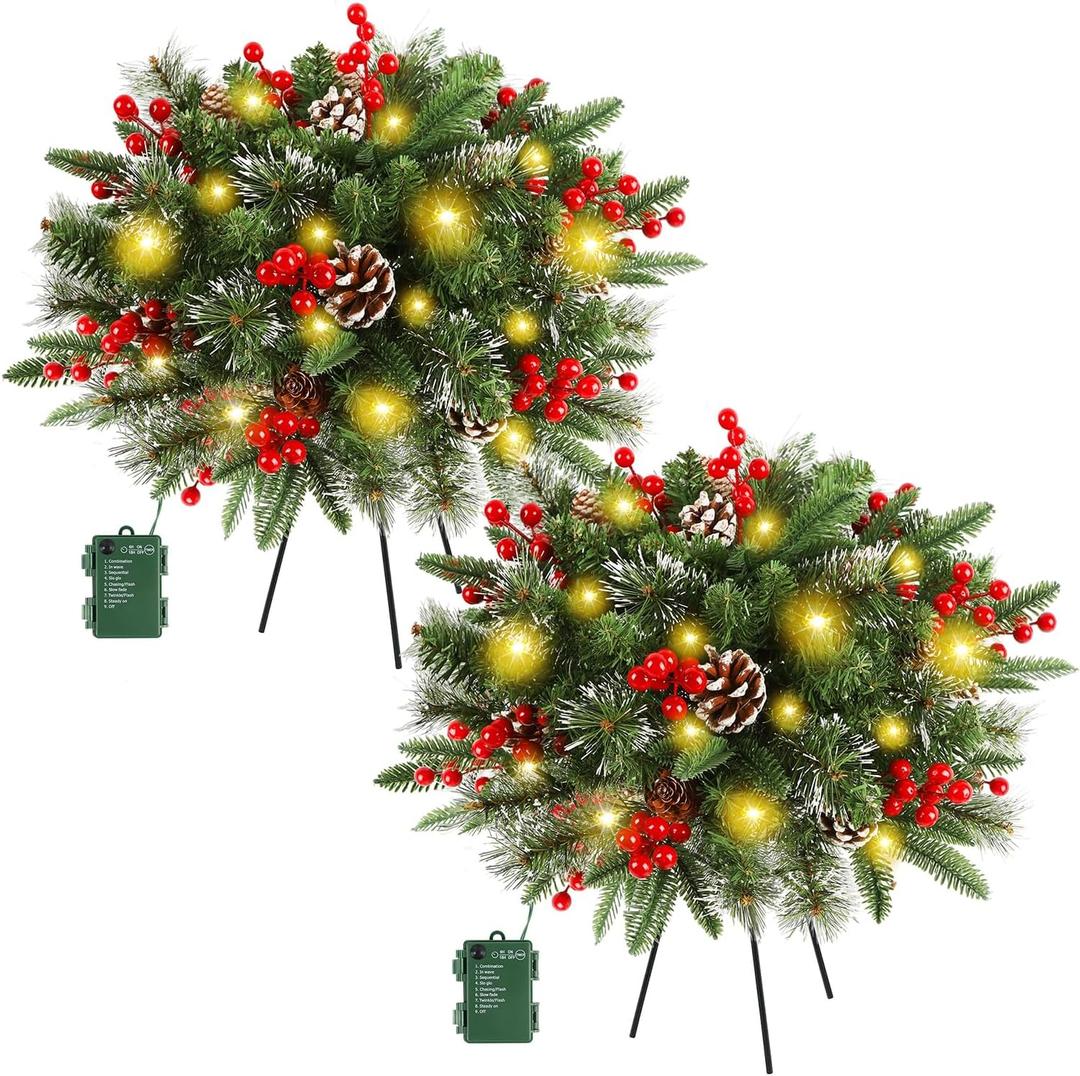Juegoal 2 Pack Pre-lit Christmas Tree Urn Filler, Lighted Artificial Xmas Pine Trees with Tripod Stake, 8 Modes & Timer, Battery Powered Outdoor Light Up Planter Filler Festival Holiday Decor